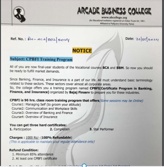CPBFI Training Program Notice: (Arcade Business College: No. 1 college ...