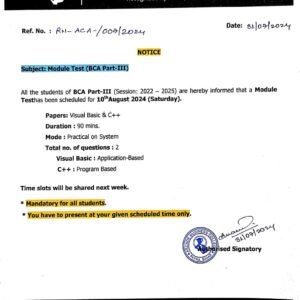 Notice: Module Test (BCA Part- III) Rajendra Nagar Student….