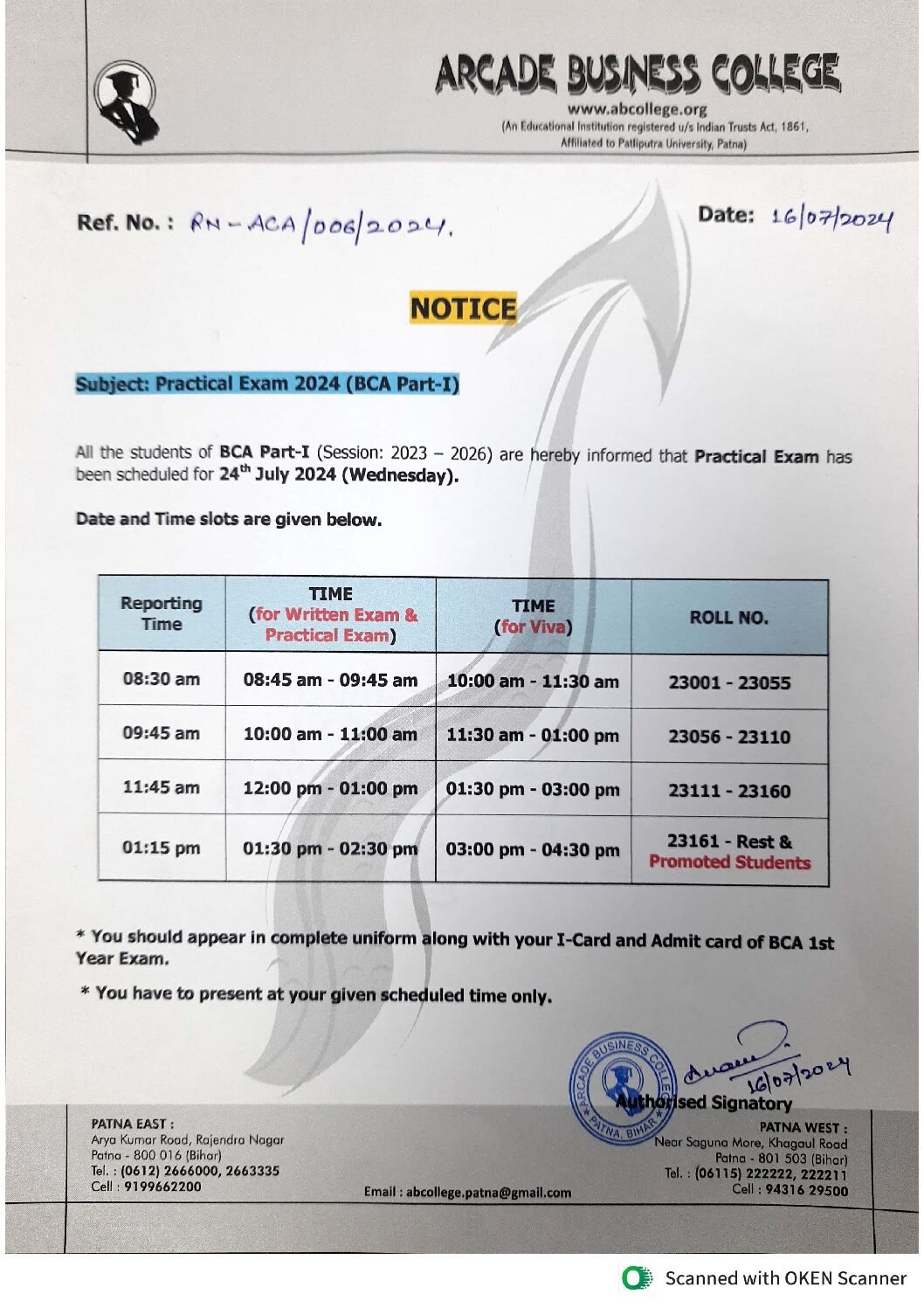 BCA Part -I Practical Exam 2024 Schedule (Rajendra Nagar College Code- 439)……..