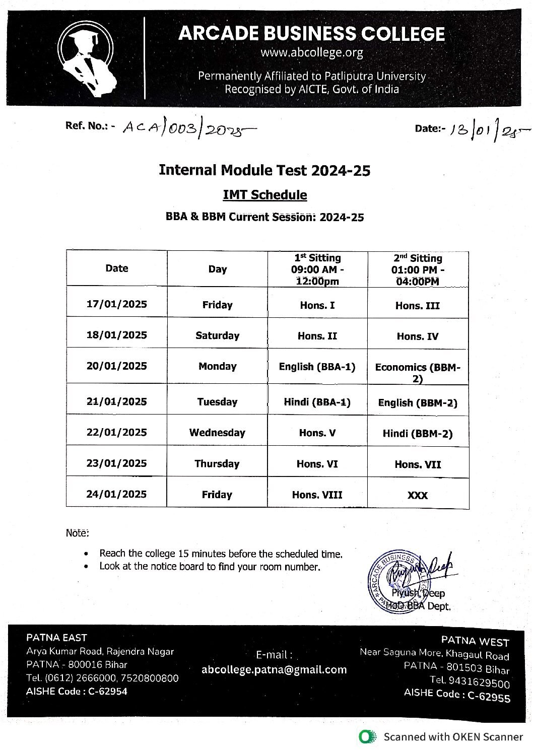 Notice for BBA Internal Module Test 2024-25
