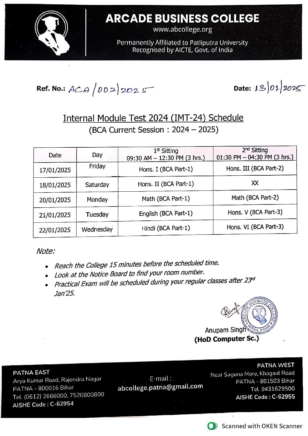 Notice for Internal Module Test-2024                      BCA Current Session : 2024-2025