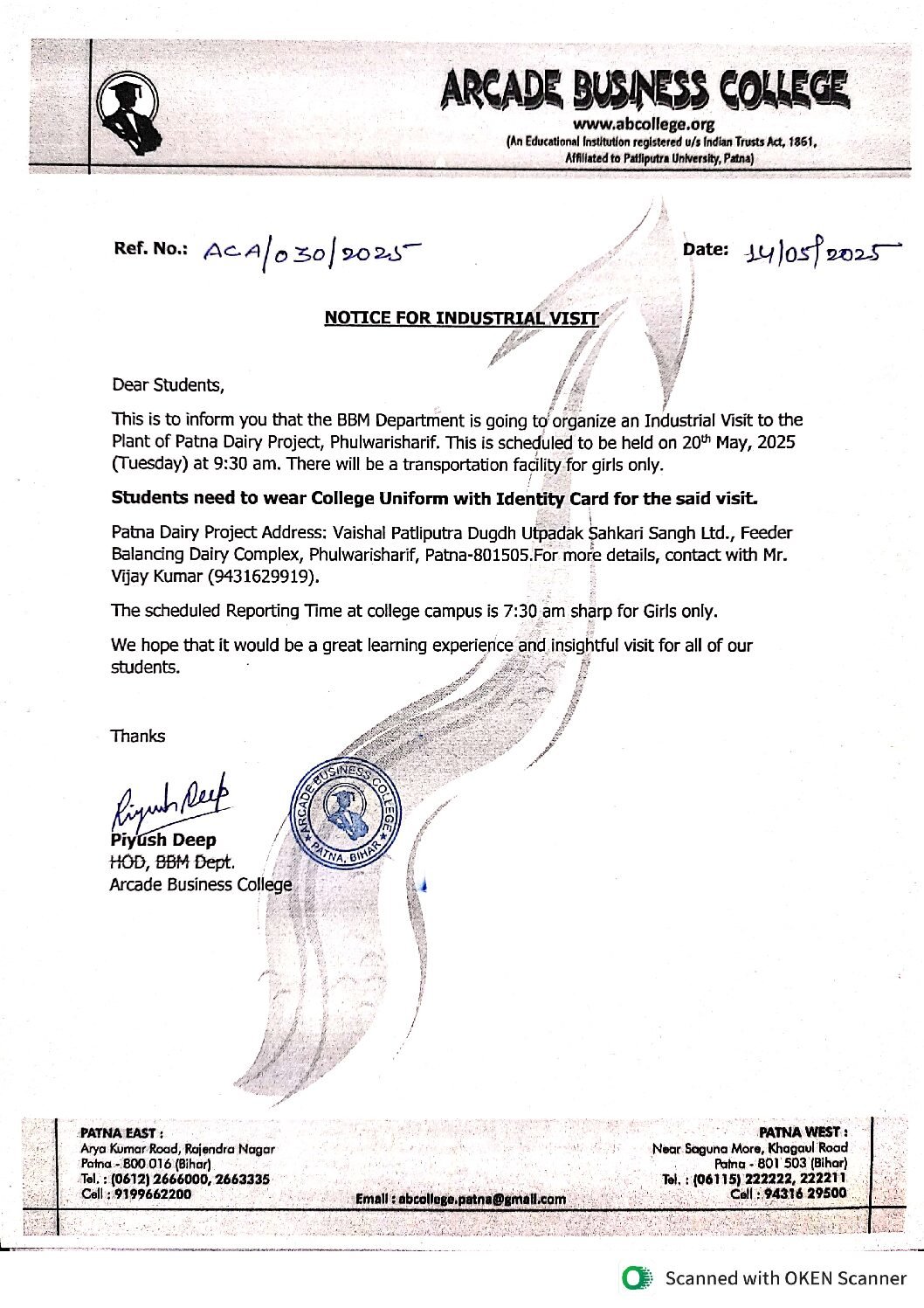 NOTICE FOR INDUSTRIAL VISIT…………