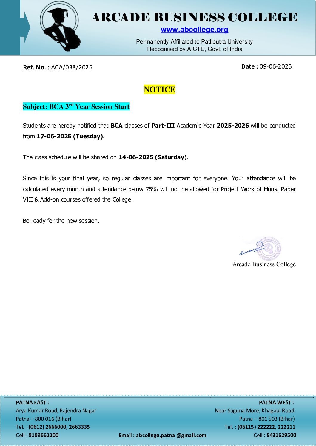 Subject: BCA 3rd Year Session Start.