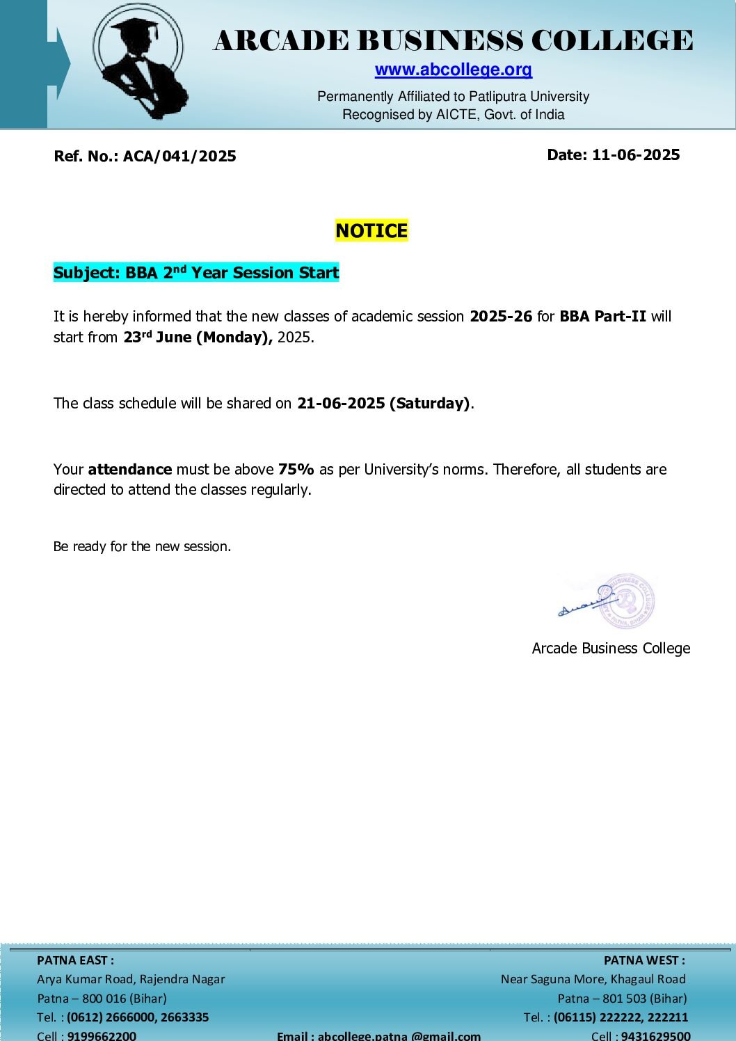 Subject: BBA 2nd Year Session Start…