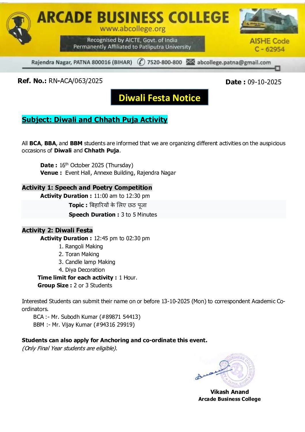 Diwali and Chhath Puja Activity Notice….