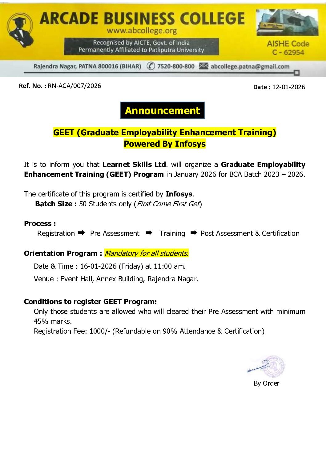 Notice for GEET (Graduate Employability Enhancement Training)..