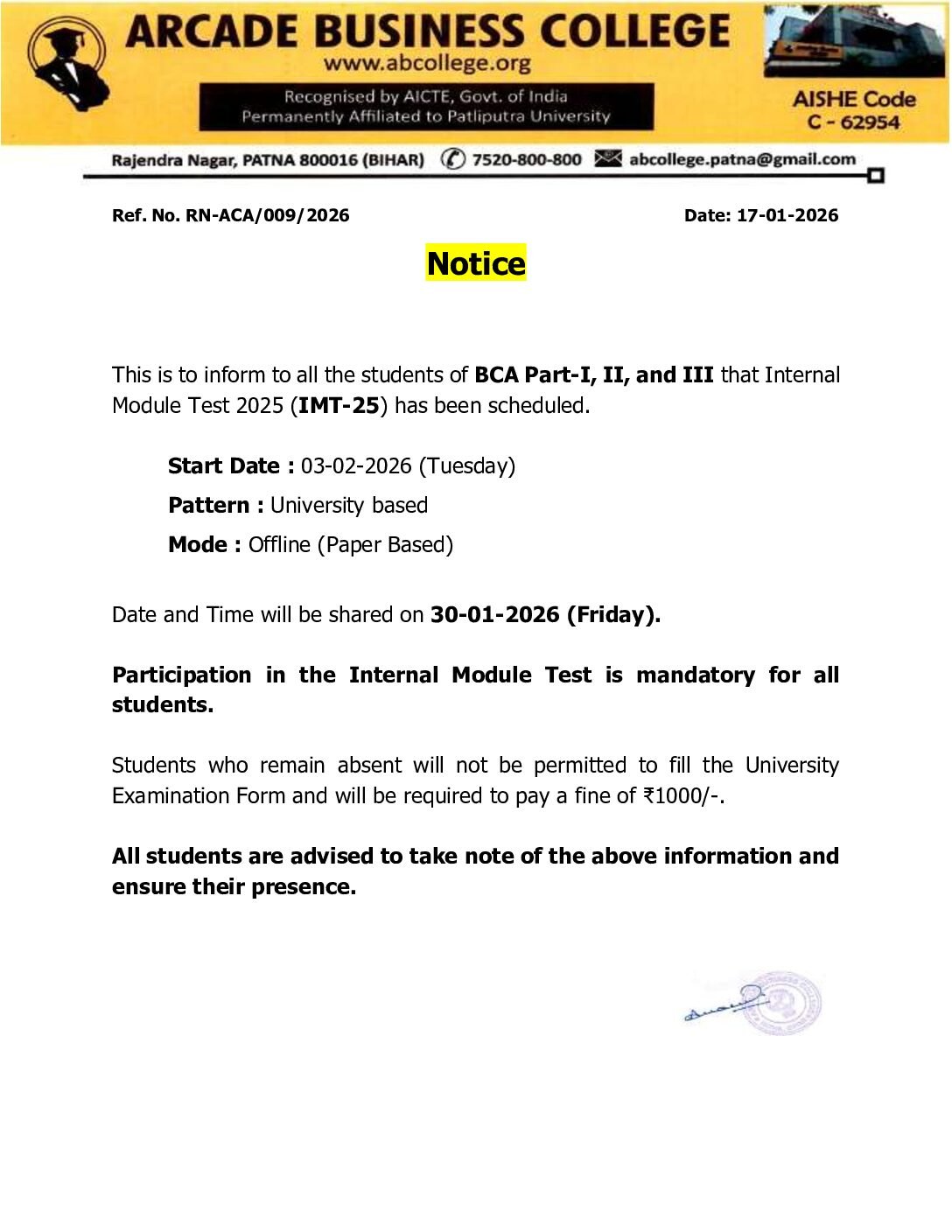 Notice for Internal Module Test – 2025-26 (BCA PART-I,II & III Students)………
