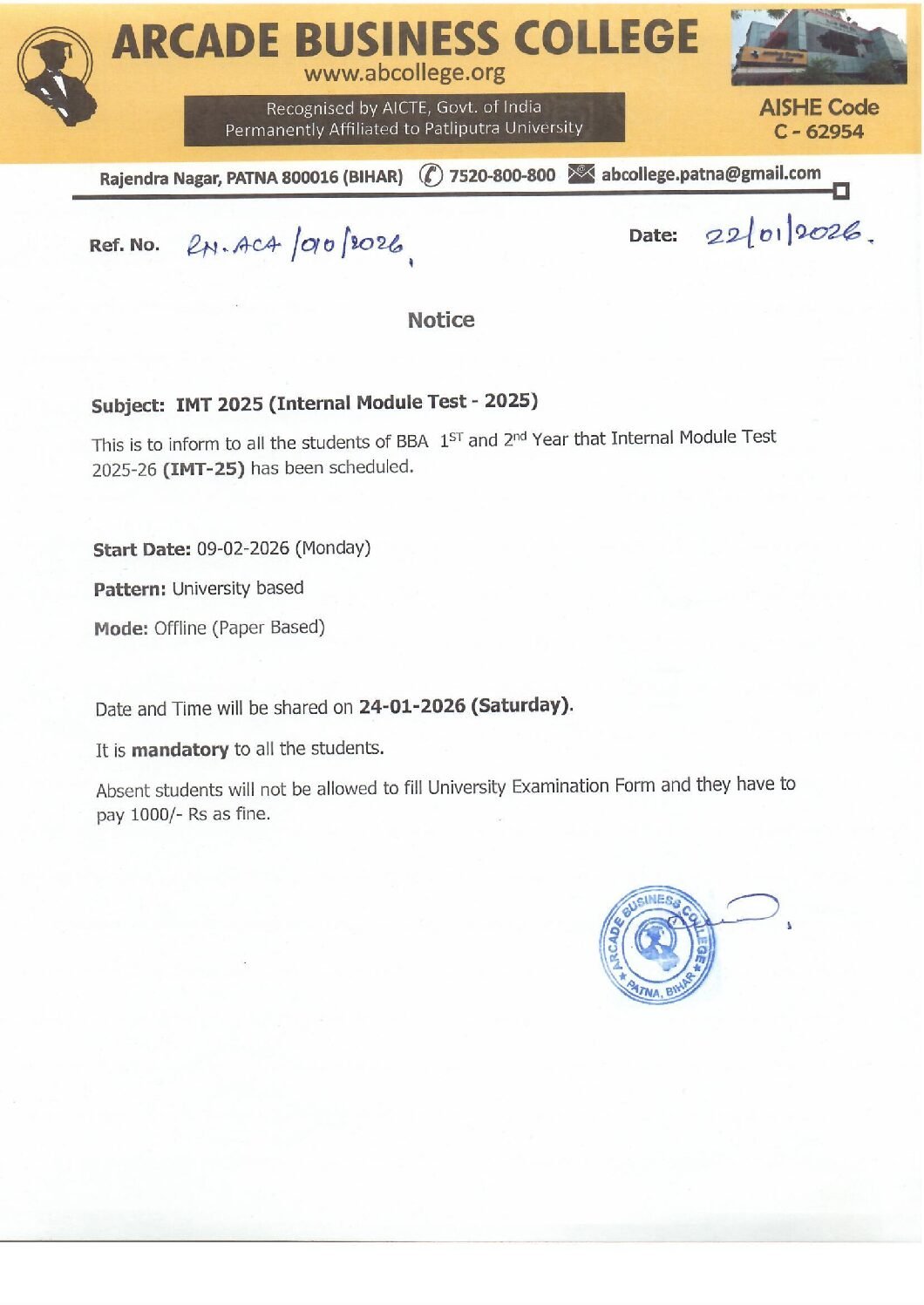 Notice for Internal Module Test BBA 1st. & 2nd yr. Students….