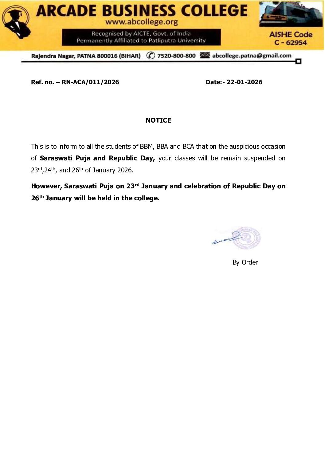 Saraswati Puja and Republic Day Notice…..