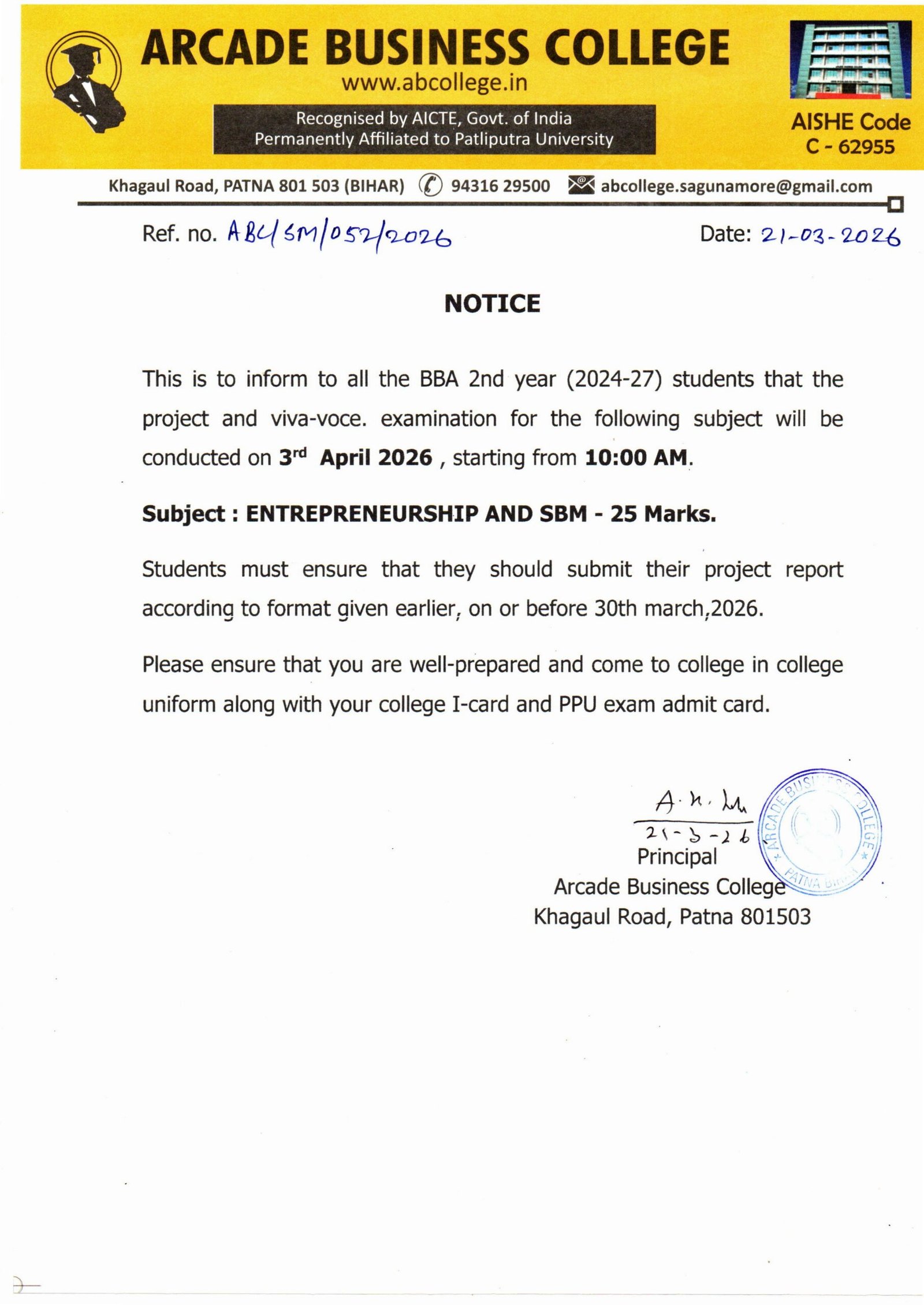 NOTICE: SCHEDULE FOR PROJECT AND VIVA-VOCE. BBA 2ND YEAR (SESSION: 2024-27)
