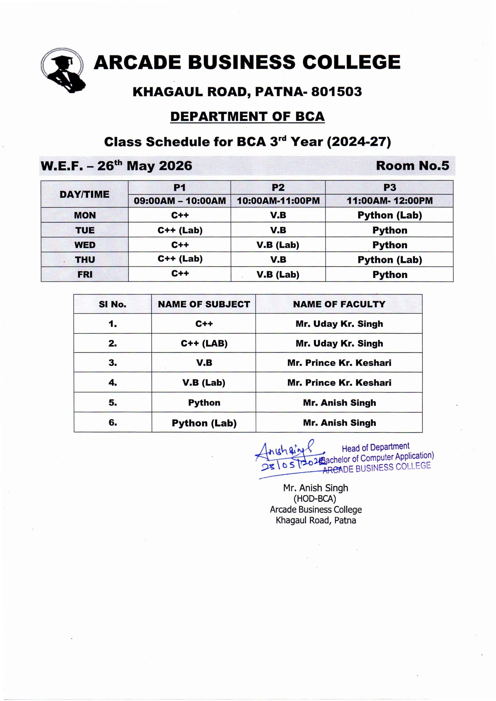 Class Schedule for BCA 3rd Year (2024-27)