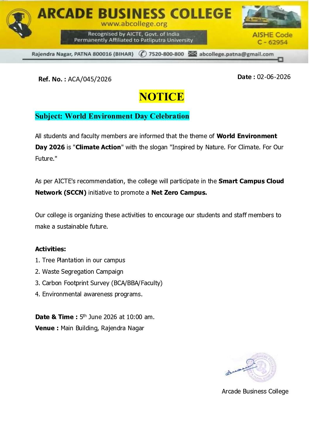 Notice for World Environment Day Celebration 2026.